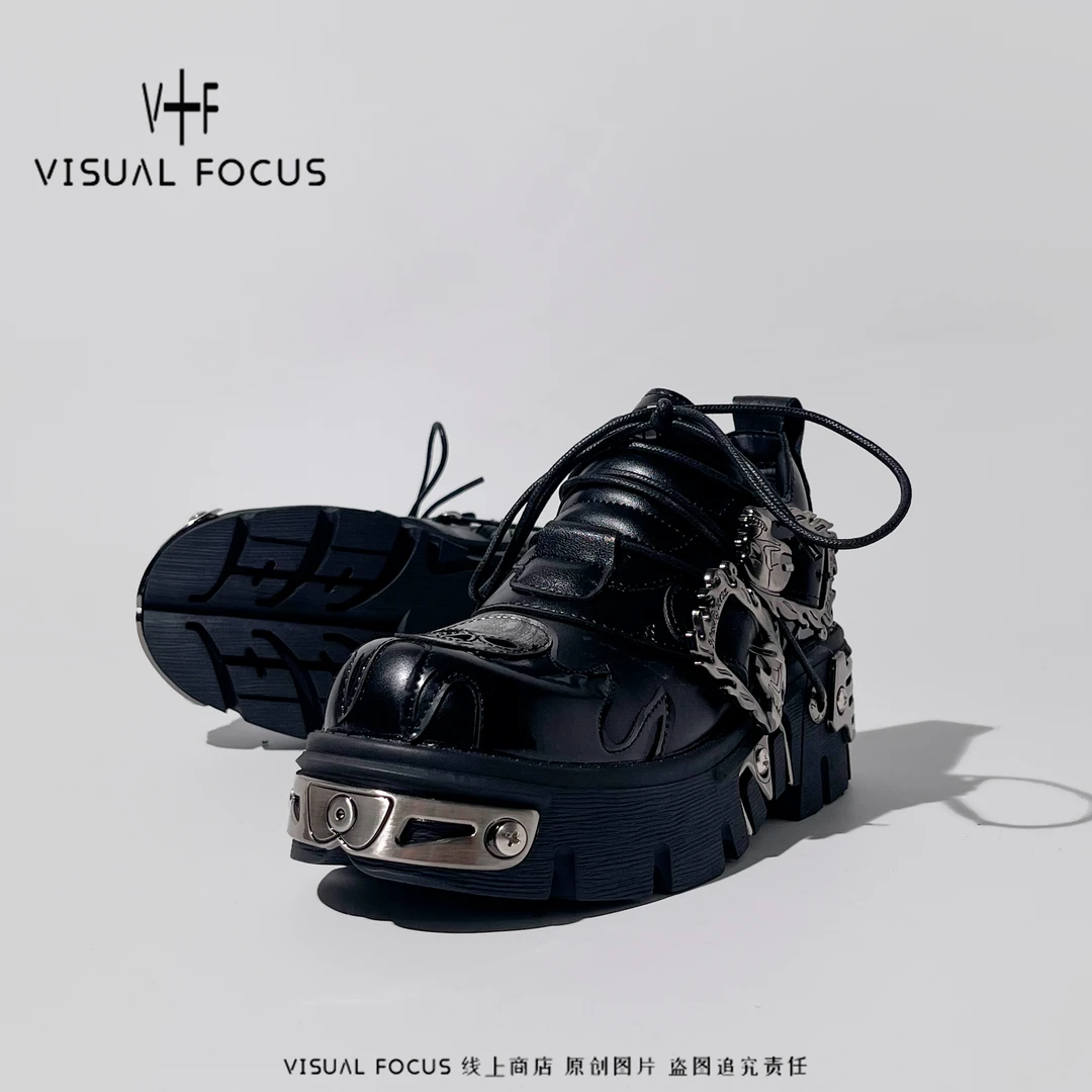 Visual focus 厚底朋克风单鞋男女款擦色复古火焰y2k亚比风皮鞋子