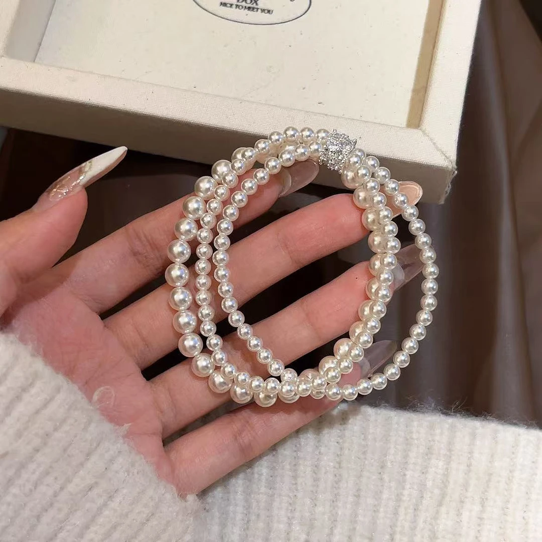 合金仿珍珠手链 《千金少女》多圈韩版叠带贝珠手链小众简约网红