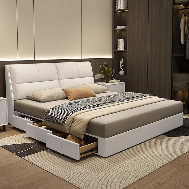 北欧轻奢大气卧室软包极简床现代简约主卧婚床高端储物双人皮床