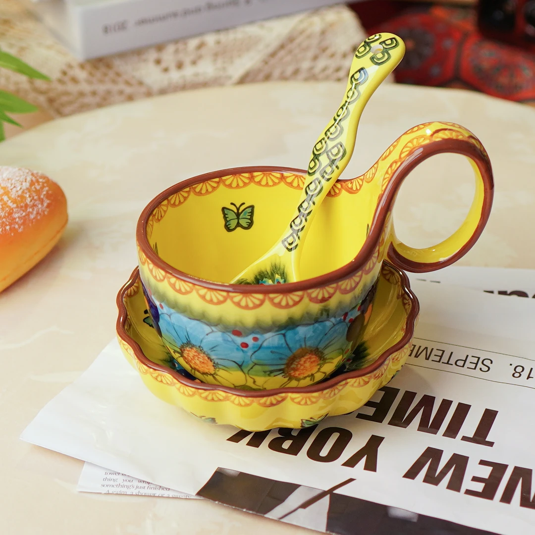 外贸高货西里西亚波兰瓷曲把杯450ML早餐杯陶瓷咖啡杯送礼三件套