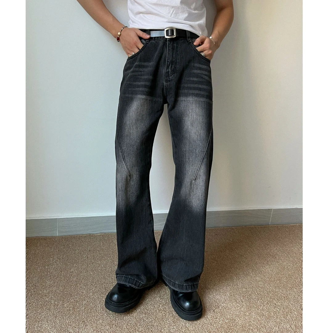 钟世岩530cleanfit黑灰微喇做旧牛仔裤男潮牌裤子水洗直筒