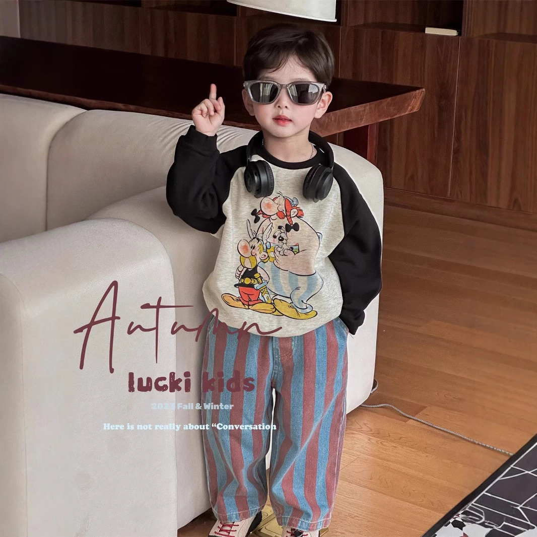 男童加绒插肩印花卫衣2024冬季新款儿童卡通假两件套头上衣韩版