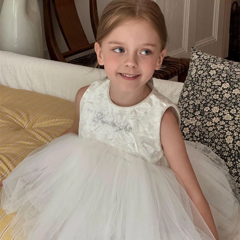 橙乐2024秋季 女童丝绒烫钻公主裙  女童网纱蓬蓬裙背心裙子