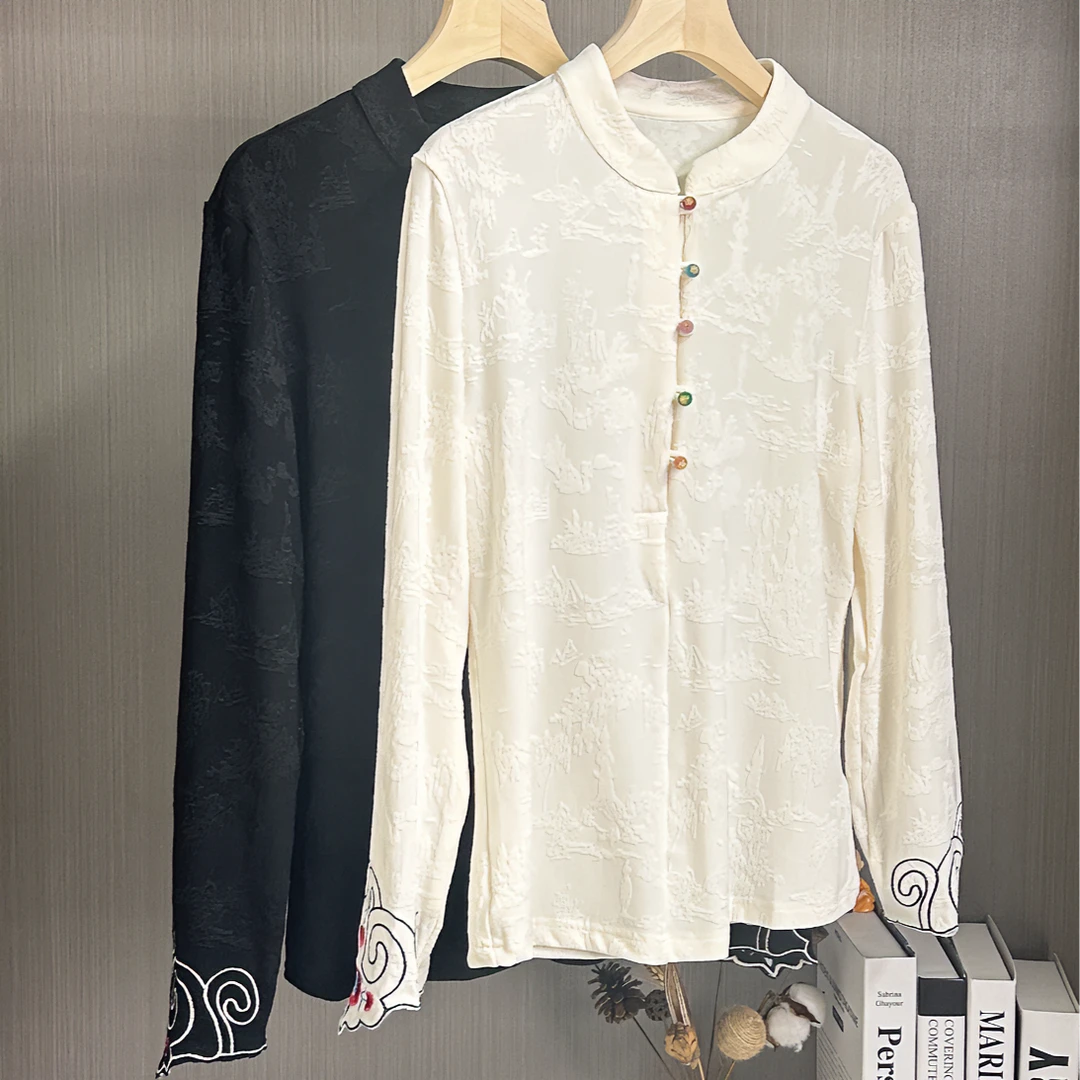 【五彩扣】秋季打底衫新中式弹力针织提花休闲百搭套头上衣小衫