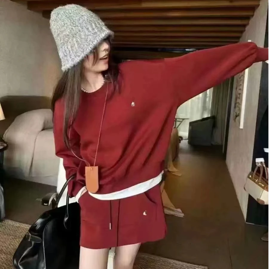 格子推荐~美式复古刺绣卫衣+系带裙裤套装8816