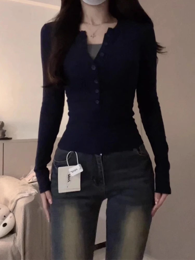 美式正肩长袖t恤女秋冬季内搭收腰修身显瘦打底衫上衣设计感小众