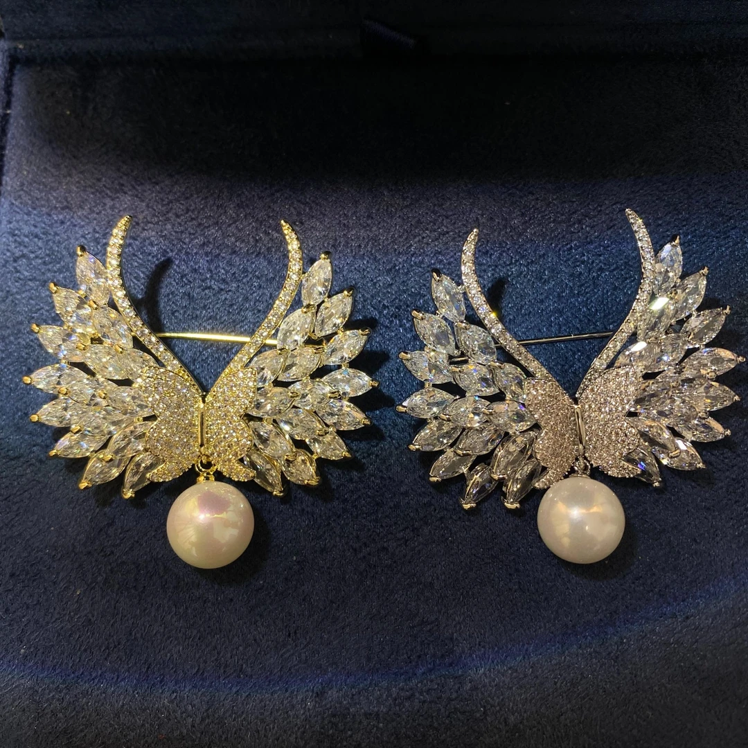 铜合金合成锆石胸针 手工轻奢时尚百搭古风金色银色仙女素款翅膀