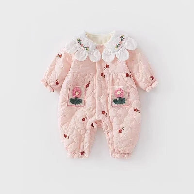 婴儿连体衣服春秋冬款新生儿薄棉女宝宝公主洋气周岁保暖外穿套装