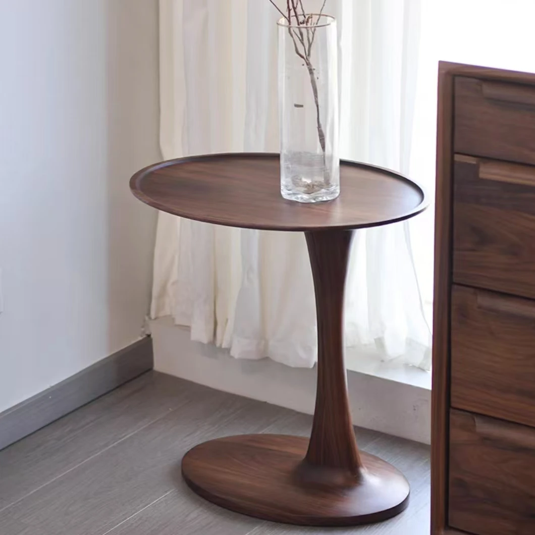 小茶几北美黑胡桃木客厅家用可移动小圆桌沙发边几置物架简约