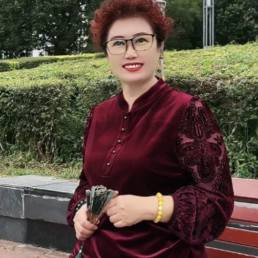 车厘子色/玄青黑五福临门丝绒烧花太太衫妈妈装显瘦气质长袖时尚