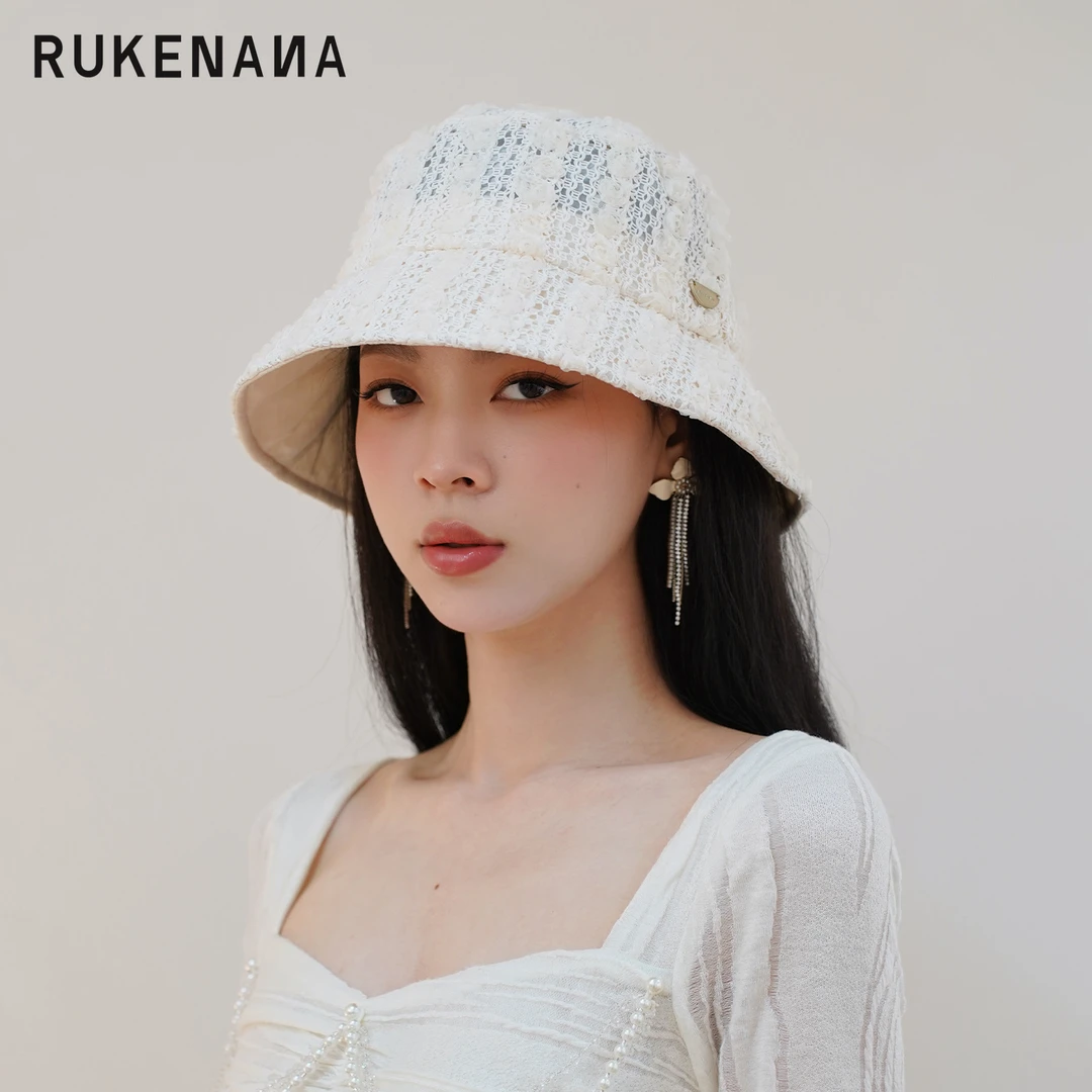 RUKENANA镂空编织高级感网纱花朵渔夫帽手工盆帽优雅遮阳帽饰夏季