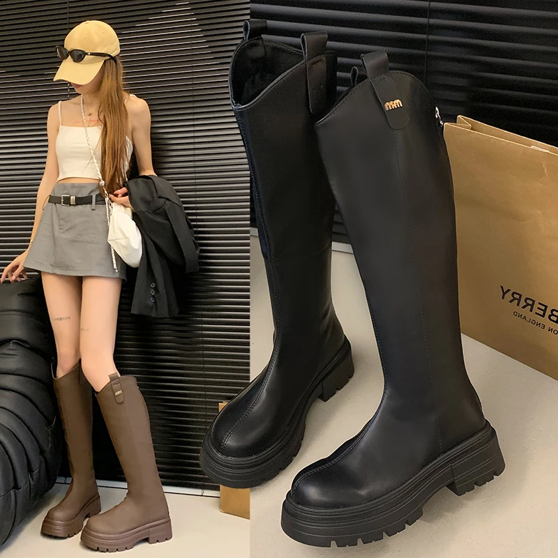 2024新款套筒后拉链长筒靴厚底时尚韩版女鞋英伦风增高显瘦女鞋