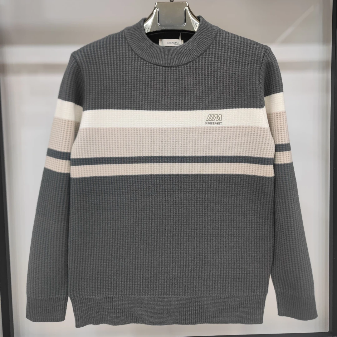 2024冬季新款加绒毛衣男装套头圆领休闲时尚针织衫条纹长袖9909