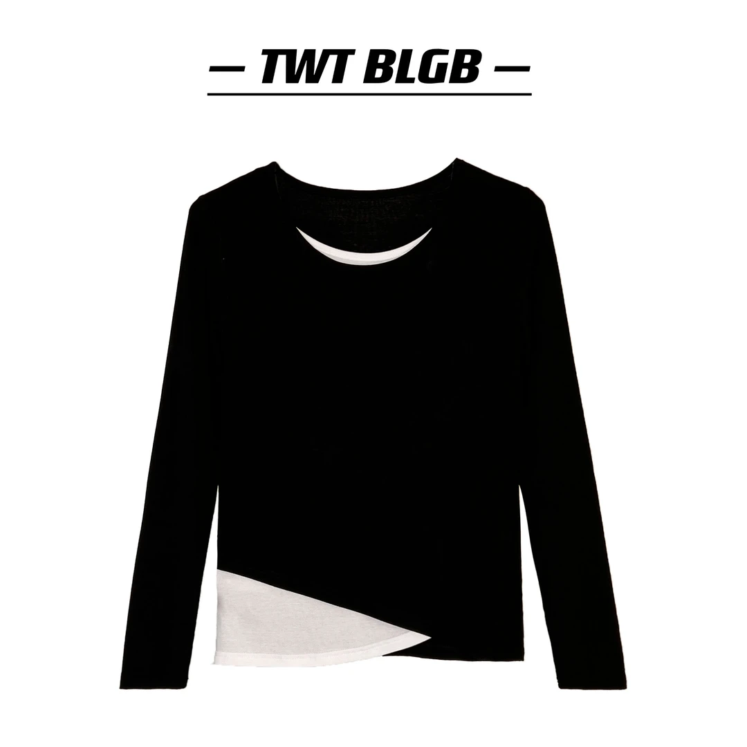 现货！果冻T//假两件弹力大百搭显瘦黑白圆领打底长袖女K326时尚