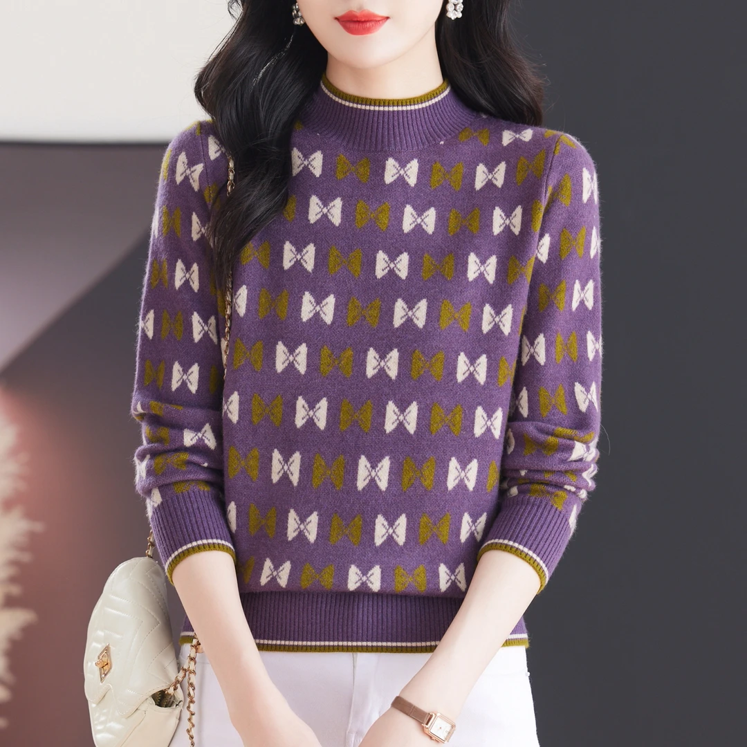 冬季新款半高领加厚针织衫女提花洋气百搭宽松显瘦内搭打底衫毛衣
