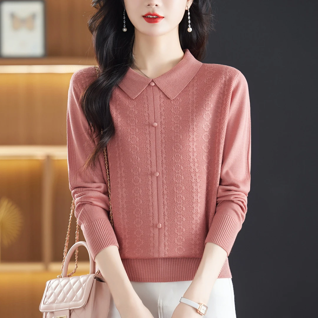 薄款长袖翻领针织打底衫女2024秋季新款套头上衣气质妈妈装宽松