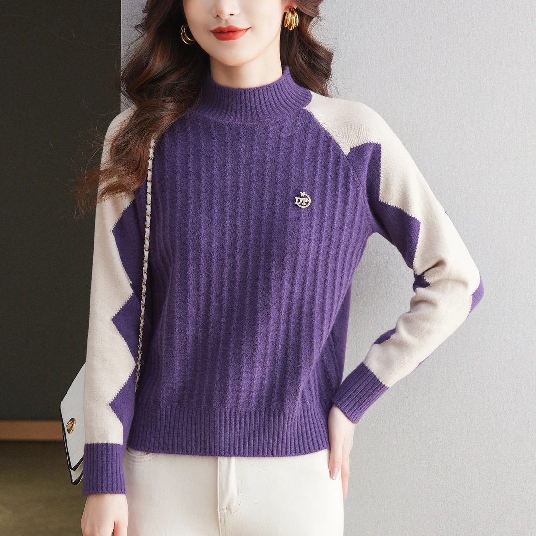 冬季新款半高领加厚针织衫女拼色时尚洋气百搭宽松显瘦套头打底衫