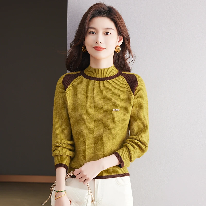 冬季新款半高领加厚针织衫女撞色时尚洋气百搭宽松显瘦套头打底衫