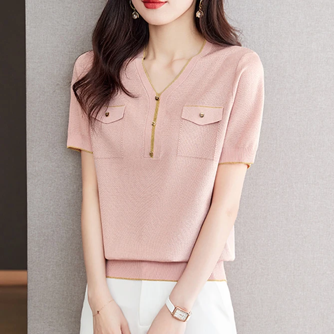 夏季薄款显瘦气质v领t恤百搭鸡心领冰丝上衣宽松遮肚子洋气妈妈装