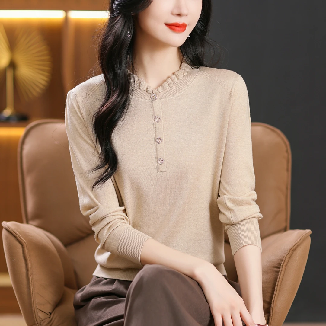 2024秋季新款长袖针织打底衫女薄款套头洋气上衣气质妈妈装宽松