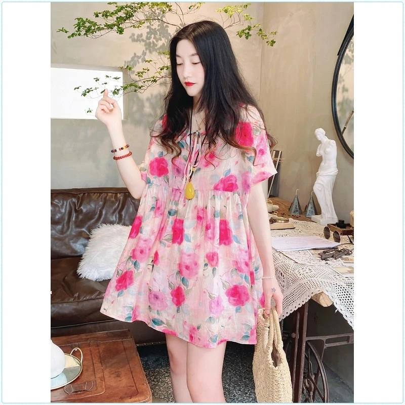 娃娃衫上衣夏季宽松中长款文艺甜美系带蓬蓬衫碎花衬衫女气质小众