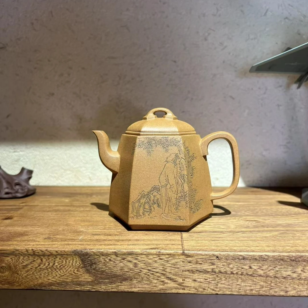 六方秦权尹脂手制茶壶手工黄金段泥慈良刻绘精工半手高端方器秦权