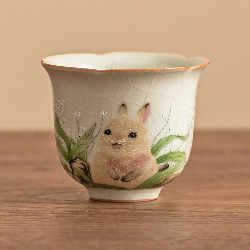 厂家兔子汝窑花瓣杯陶瓷功夫茶杯主人杯单杯可爱泡茶具品茗杯茶盏