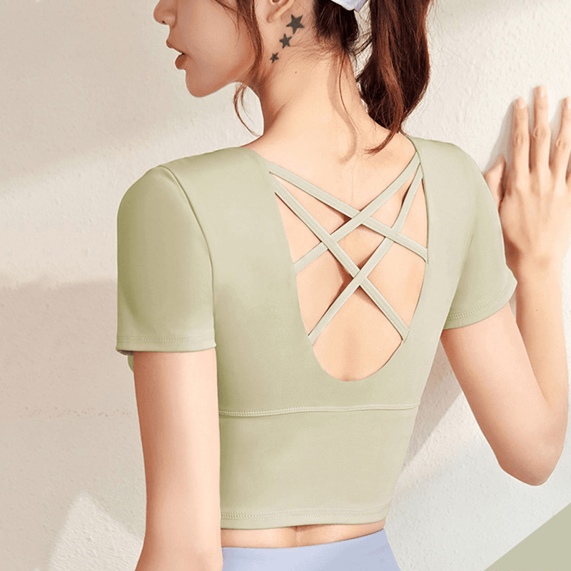 丰云立雪 镂空美背健身短袖女紧身固定胸垫速干露脐短款透气跑步瑜伽运动服