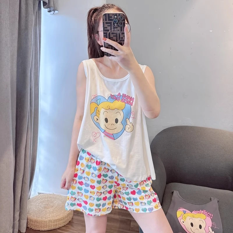 韩版夏季背心无袖套装女士睡衣可外穿卡通套头可爱ins家居服女