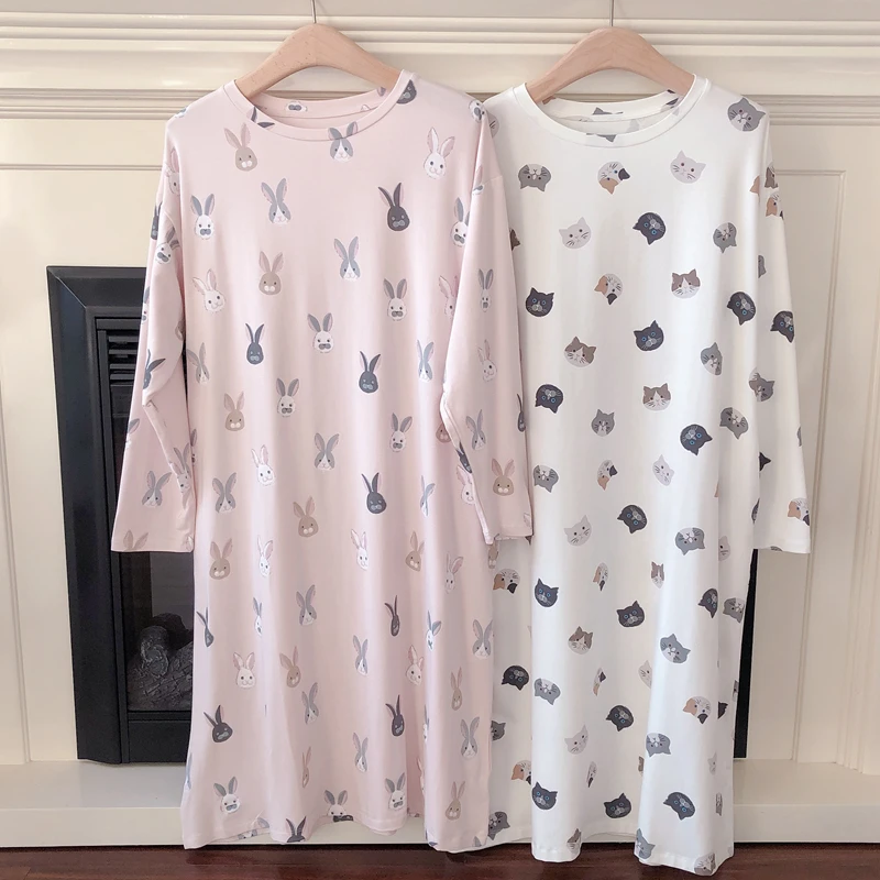 日系可爱猫咪兔子薄款宽松大码卡通莫代尔棉睡衣女春秋圆领孕妇裙