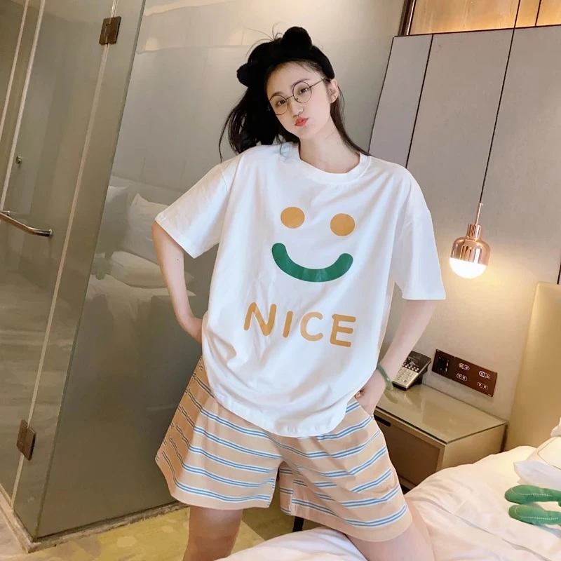 可爱笑脸睡衣女柔软舒适夏季圆领休闲甜美网红短裤可外穿家居服