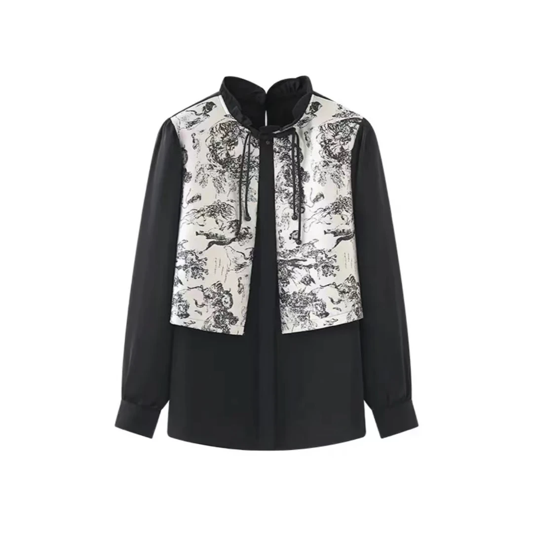 春款新中式长袖衬衫韩版洋气时尚百搭显瘦国风假两件上衣