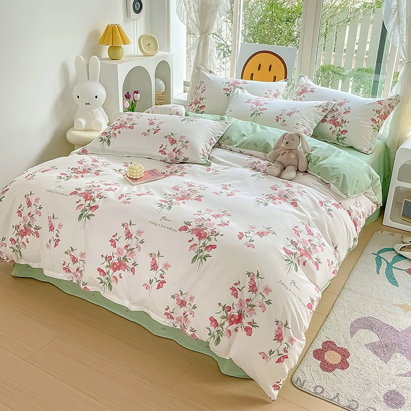 纯棉学生宿舍四件套小清新碎花印花单人磨毛棉被罩斜纹全棉年轻人