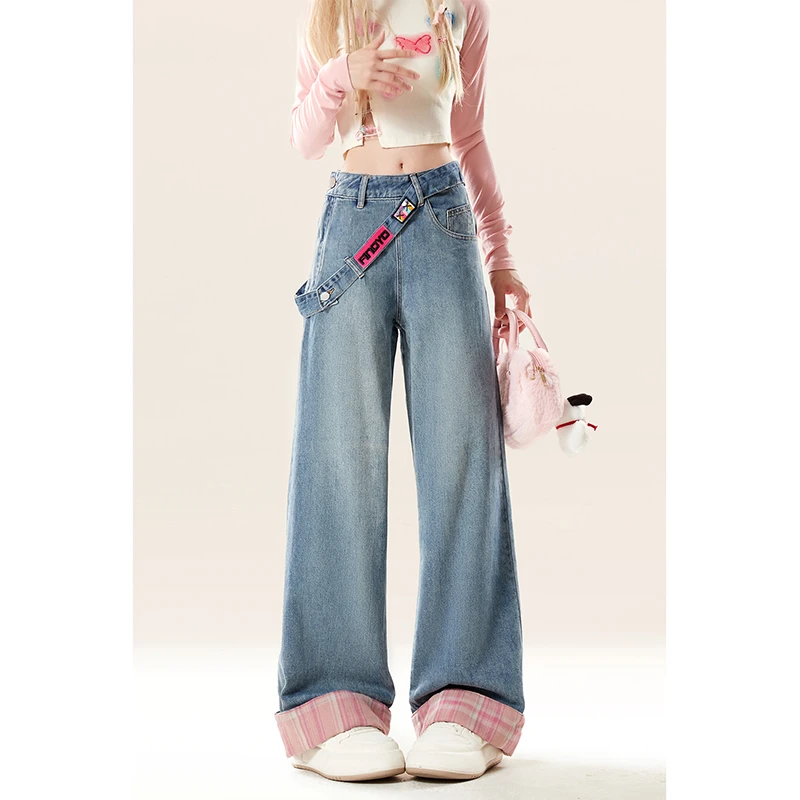 自然涩侧拉链设计格纹拼接卷边牛仔裤女早秋宽松复古直筒阔脚裤子
