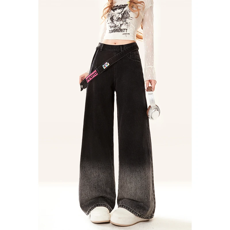 自然涩侧拉链渐变黑色牛仔裤高腰设计感宽松直筒阔腿裤女显瘦女孩