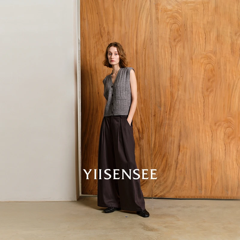YIISENSEE逸识【随性腔调】棉与天丝混纺面料高腰阔腿裤子捏褶西裤