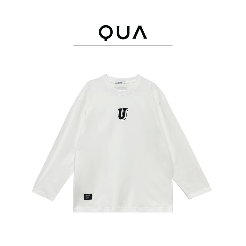 QUA男女同款休闲宽松百搭纯棉植绒印花U字母长袖T恤A01023182