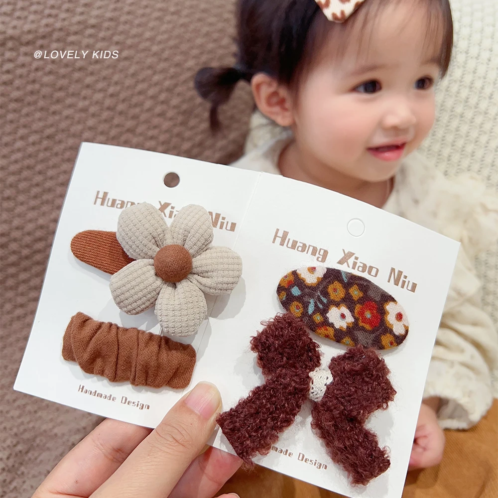 黄小妞 韩版咖色儿童发夹秋冬碎花布艺侧边刘海花朵碎花BB夹