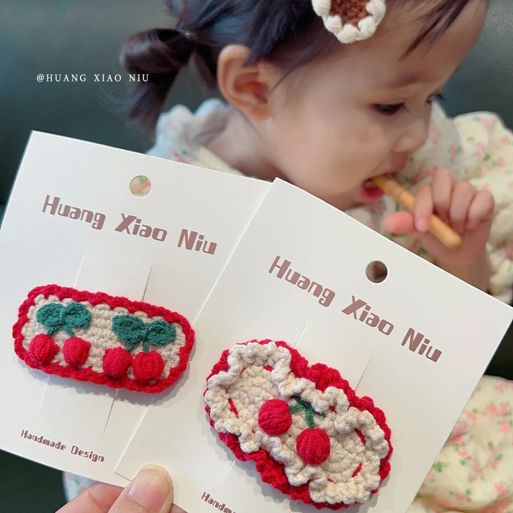 儿童秋冬毛线碎发夹 可爱樱桃中国风新年宝宝搭配小发卡红色发饰