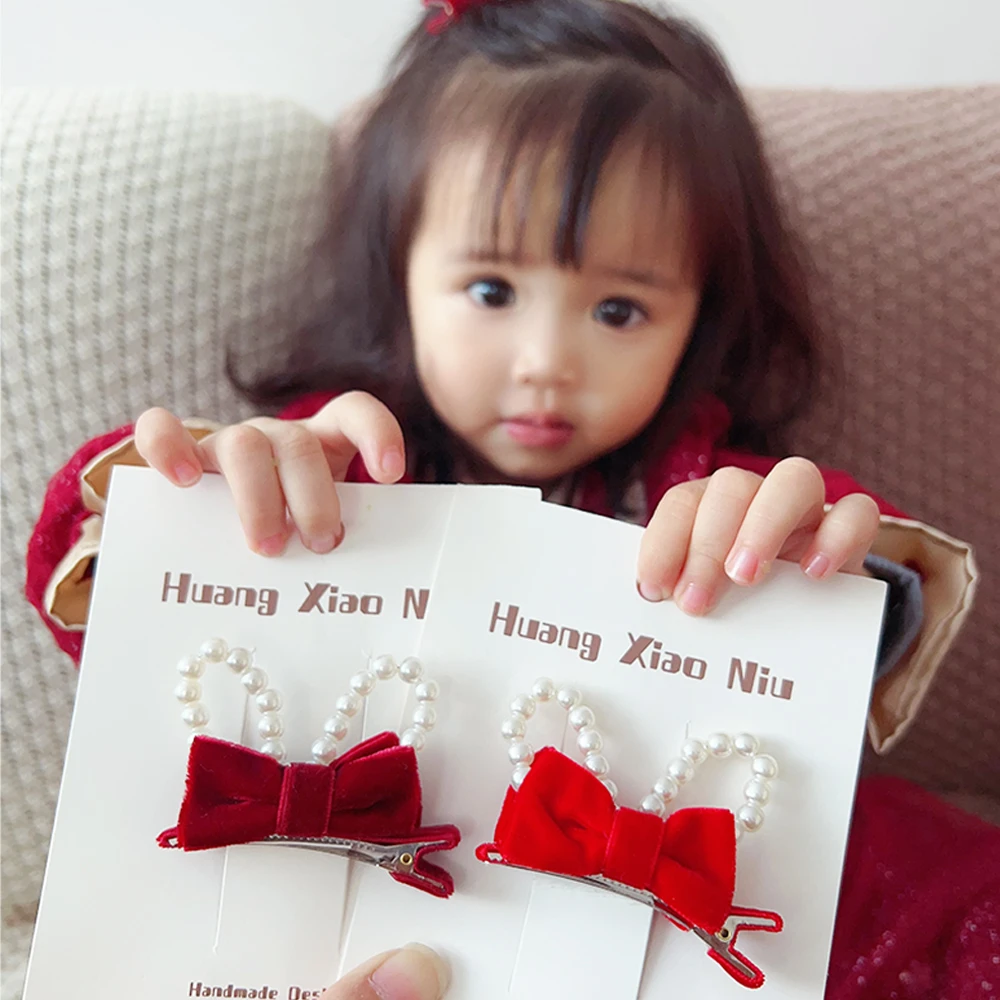 黄小妞  中国风蝴蝶结发夹女童红色发饰洋气小女孩过年头饰