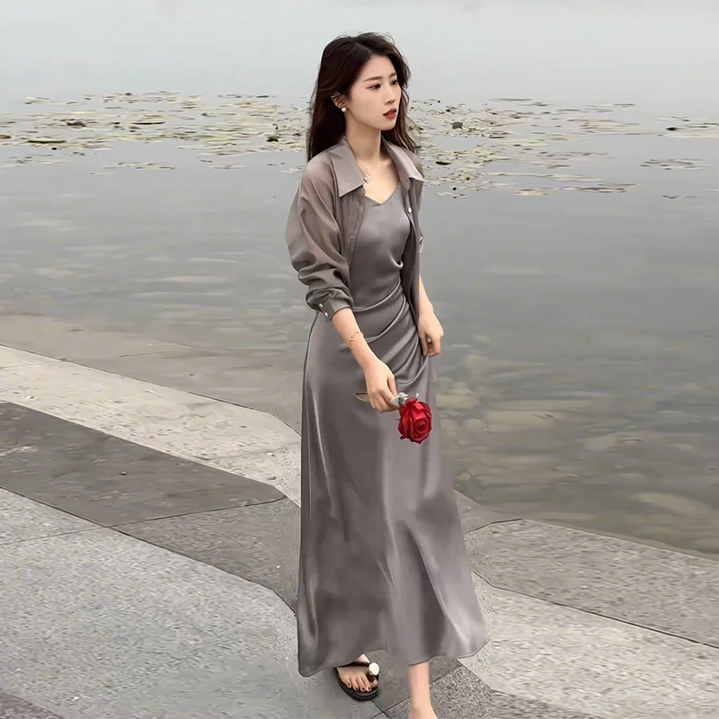 高级感法式醋酸套装裙女薄款防晒衣2024夏季新款气质女神范吊带裙