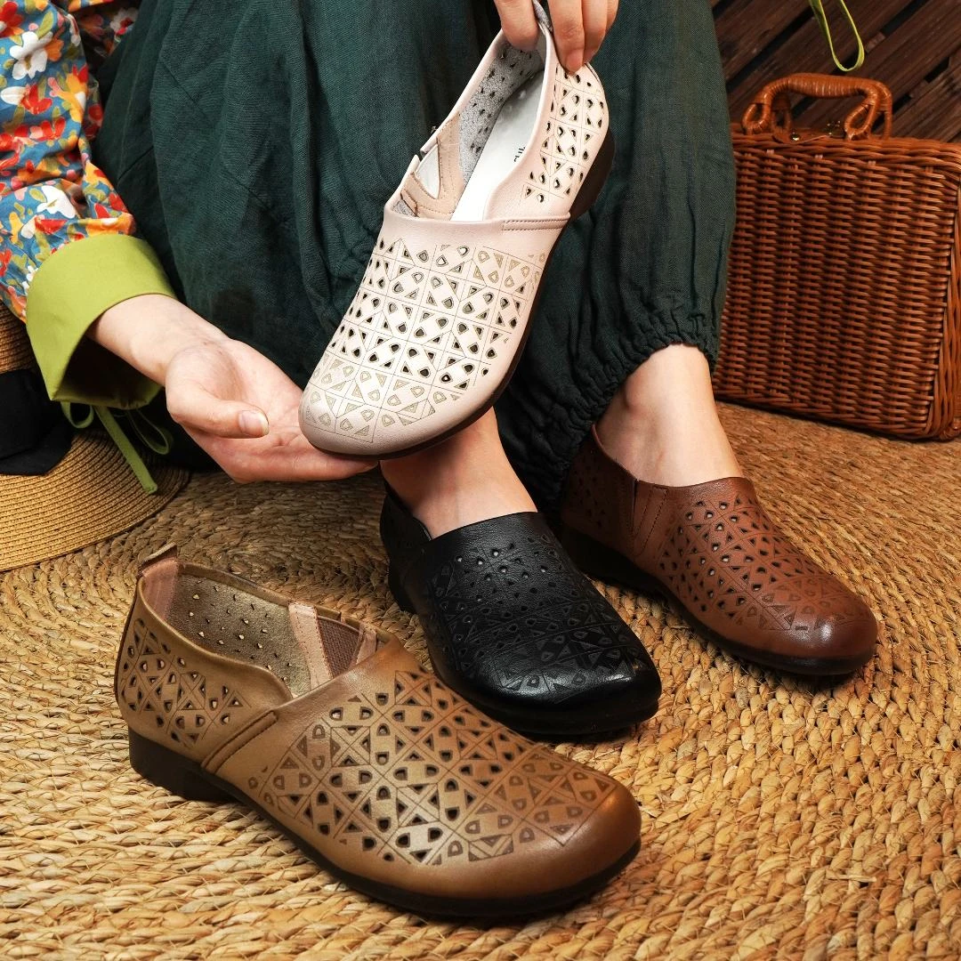 棉谷单鞋妈妈鞋春夏新款镂空复古单鞋中老年软底平跟洞洞鞋71881