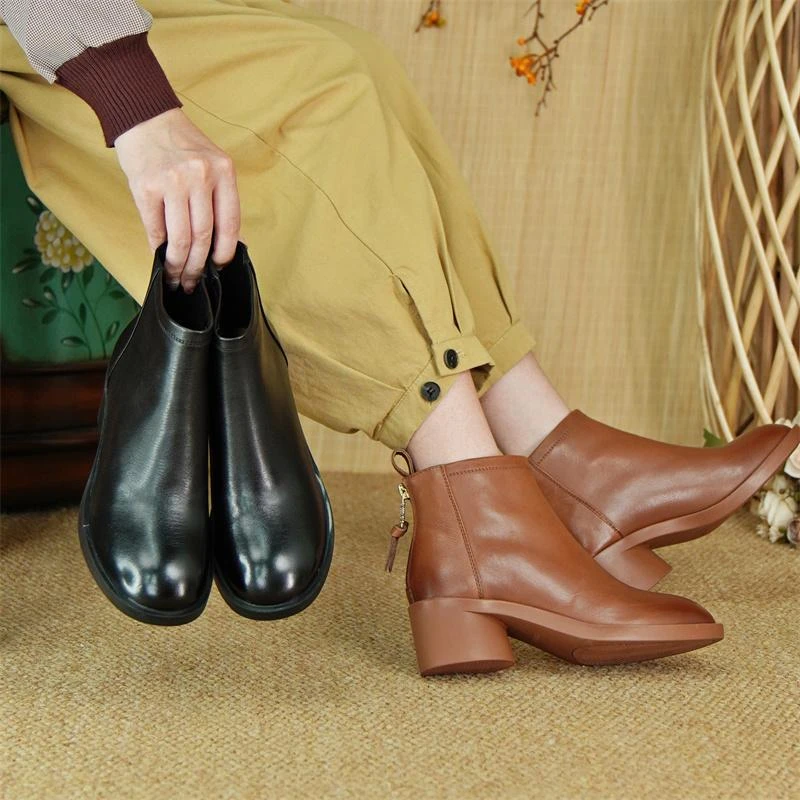 棉谷粗跟高跟短靴女皮鞋尖头时装靴子XC188-1
