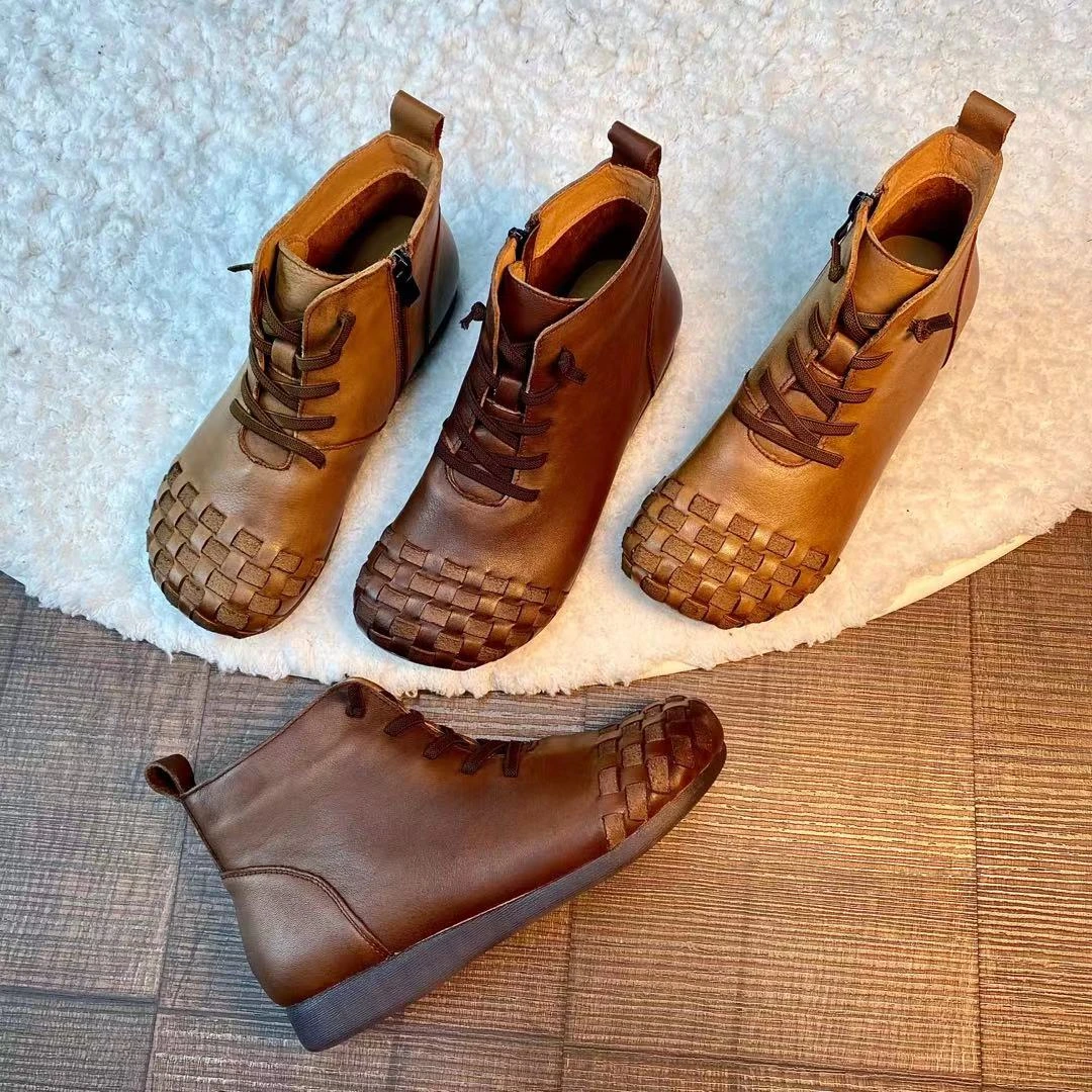 棉谷妈妈鞋软底复古民族风手工编织短靴秋冬时尚靴20230舒适百搭