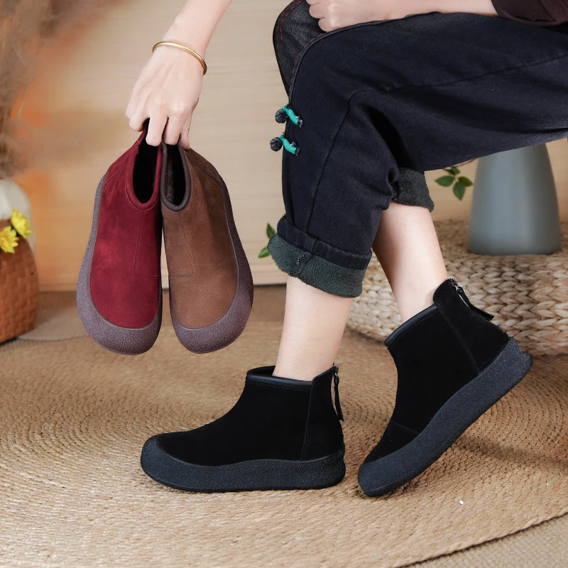 棉谷加绒厚底短靴女防滑保暖冬季反绒磨皮复古休闲靴子女拉链9980
