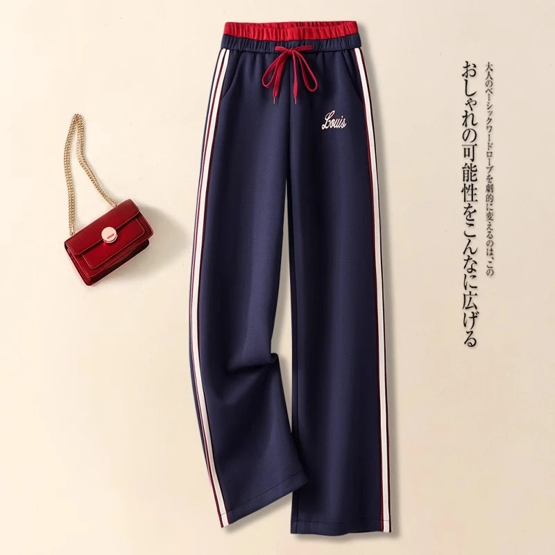 直筒运动裤女2025春秋休闲裤新款侧条纹显瘦宽松抽绳高腰窄版卫裤
