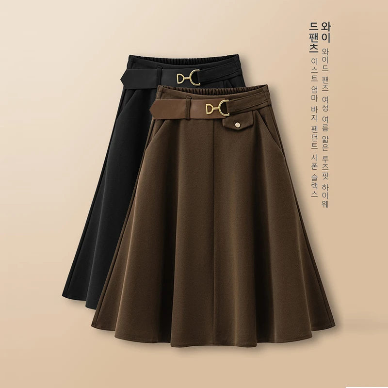毛呢半身裙女2025春秋新款松紧高腰通勤裙子长款A字咖色棕色伞裙