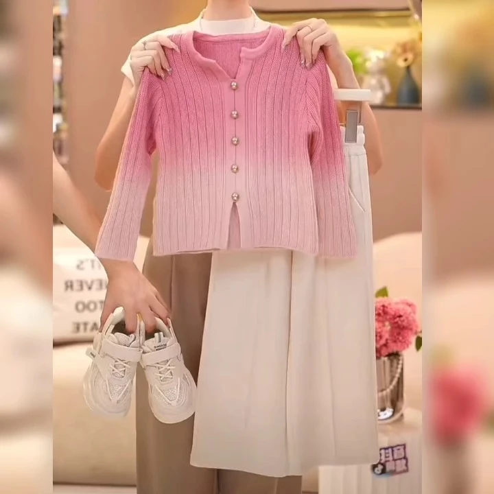 女童套装春秋新款中大童渐变针织毛衣休闲阔腿裤洋气休闲装潮