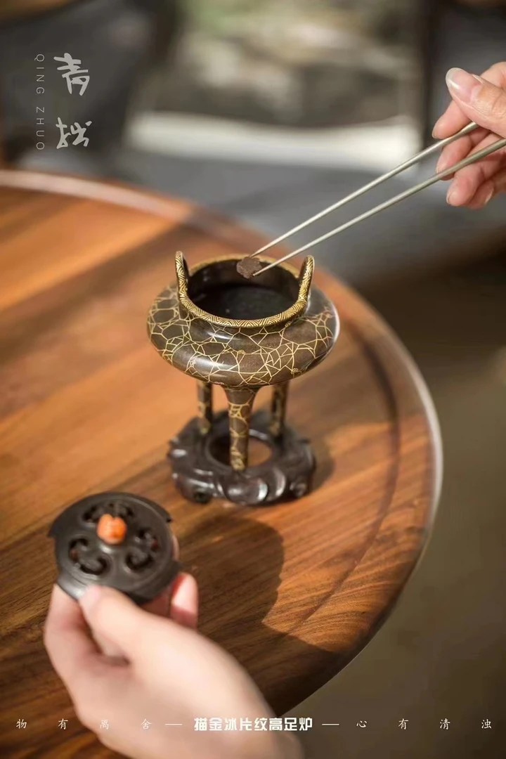 青拙窑器——描金冰片纹高足炉