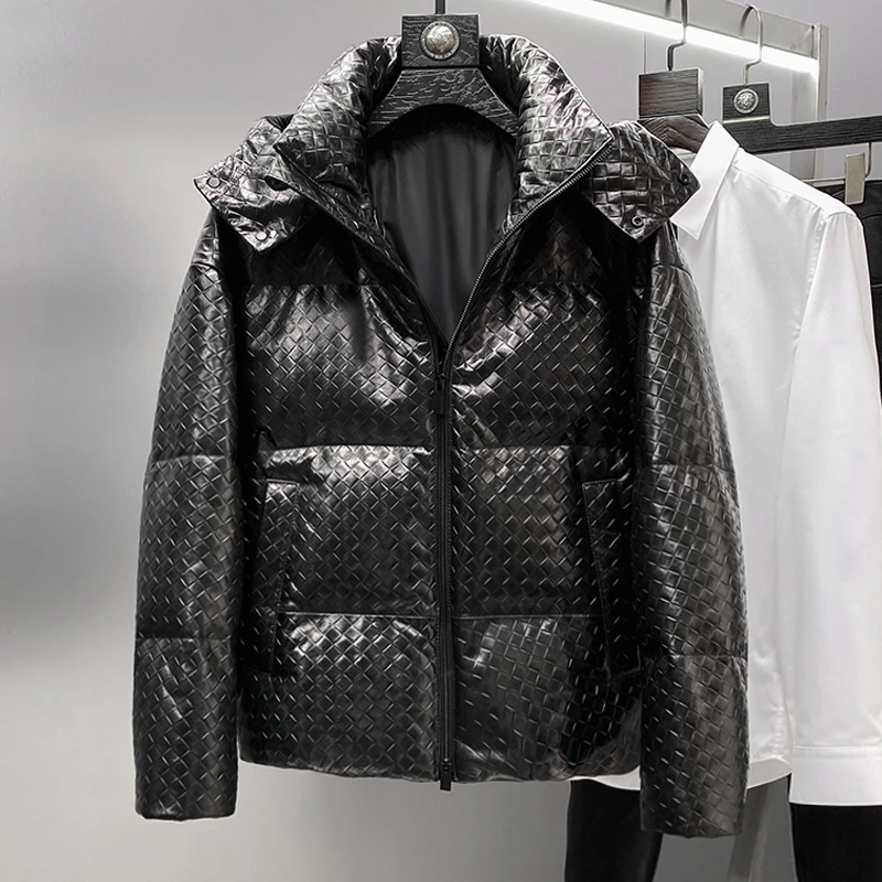 宽松版 真皮鹅绒服皮衣男士短款连帽外套保暖